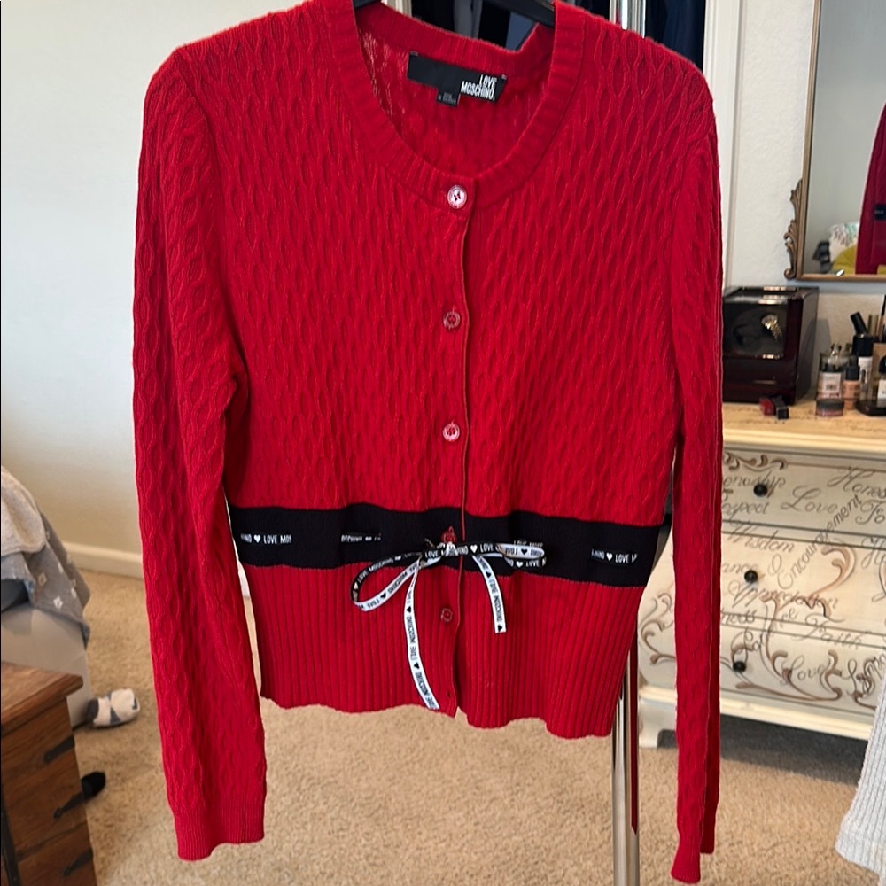 Love Moschino Red Cable Knit Cardigan Sweater